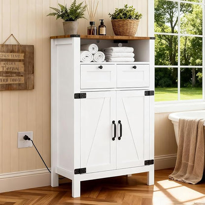Bathroom Floor Cabinet with Outlets, Farmhouse White Cabinet with Doors, Drawer, Bathroom Storage Cabinet Hutch Cupboard Organizer for Kitchen Pantry, Laundry, Entryway, Rustic