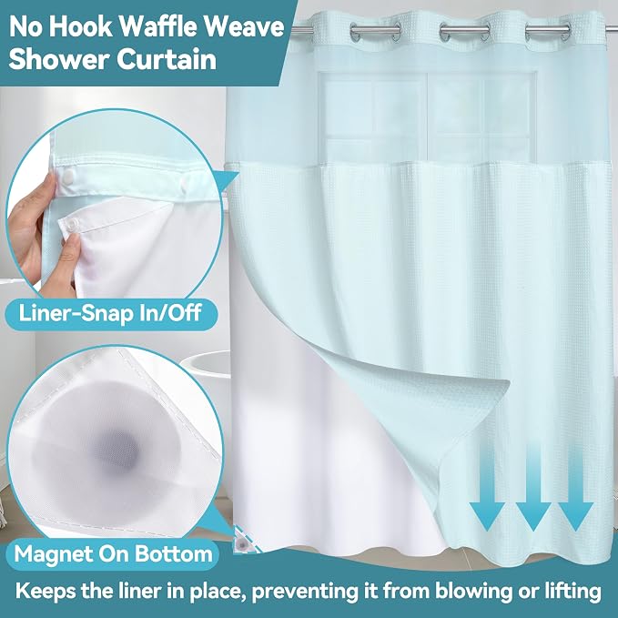 Conbo Mio Extra Long No Hook Waffle Weave Shower Curtain with Snap in Liner Set, Hotel Luxury Blue Shower Curtains for Bathroom with See Through Top Window, Waterproof, Washable 71W x 84H