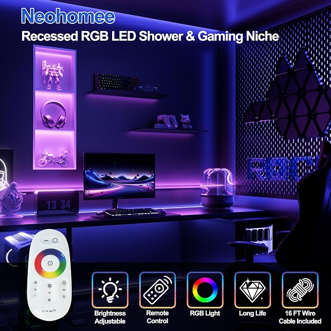 3-Tier 12x36Inch Wall Niche with RGB Lights, White Recessed Stainless Steel Shower Niche with RGB Colorful Remote Control, NO Tile Needed Bathroom Storage Organizer Waterproof