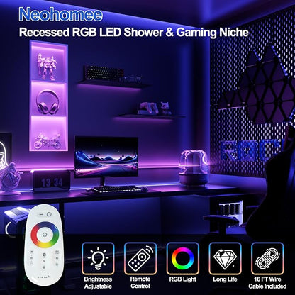 3-Tier 12x36Inch Wall Niche with RGB Lights, White Recessed Stainless Steel Shower Niche with RGB Colorful Remote Control, NO Tile Needed Bathroom Storage Organizer Waterproof
