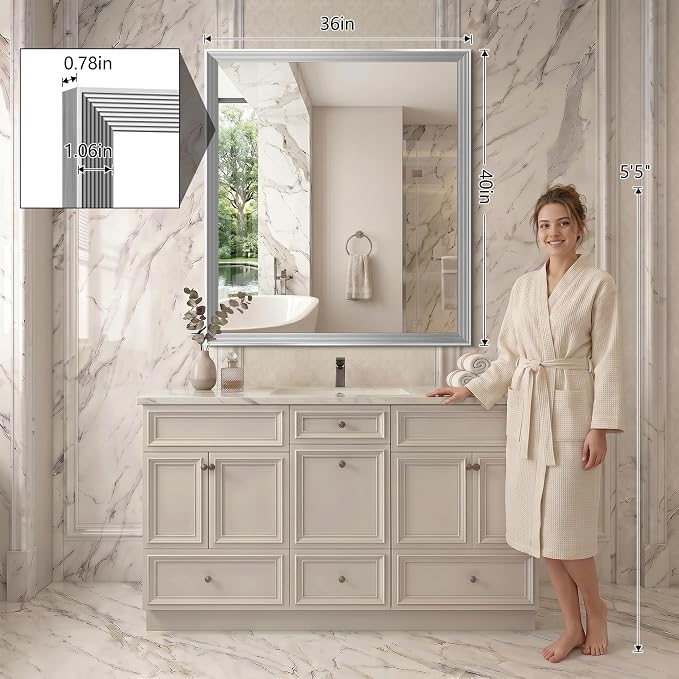 DESBING 36"x40" Silver Bathroom Mirrors for Over Sink | Tempered Glass, Metal Frame, Rectangle Vanity Wall Mirror for Bathroom, Living Room, Bedroom, Horizontally or Vertically
