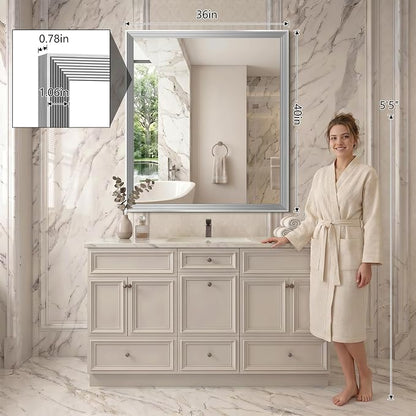 DESBING 36"x40" Silver Bathroom Mirrors for Over Sink | Tempered Glass, Metal Frame, Rectangle Vanity Wall Mirror for Bathroom, Living Room, Bedroom, Horizontally or Vertically