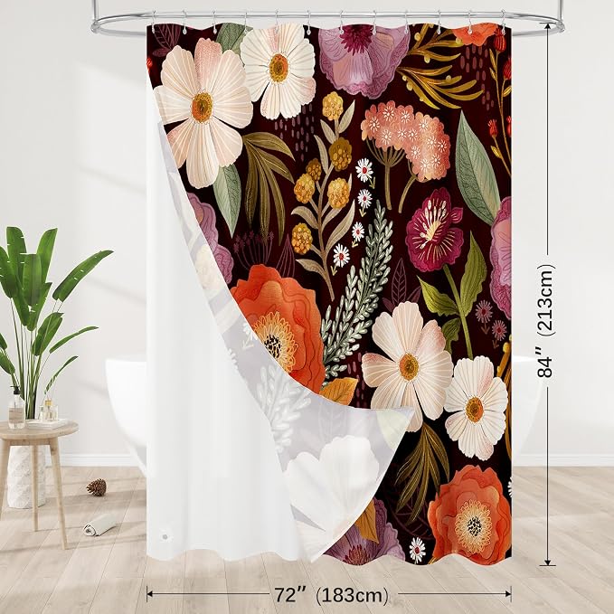 3 in 1 Boho Purple Shower Curtain Set with PEVA Liner & 12 Hooks, 72 x 84 | Boho Tropical Botanical Style, Farmhouse Floral Fabric, Modern Hotel Inspired, Water‑Repellent, Machine Washable