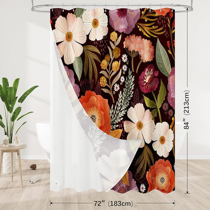 3 in 1 Boho Purple Shower Curtain Set with PEVA Liner & 12 Hooks, 72 x 84 | Boho Tropical Botanical Style, Farmhouse Floral Fabric, Modern Hotel Inspired, Water‑Repellent, Machine Washable