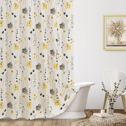 Yellow Linen Watercolor Floral Fabric Shower Curtain, 72x72 | Linen Fabric, Modern Minimalist Floral Print, Machine Washable, Rustproof Grommets, for Bathroom Home