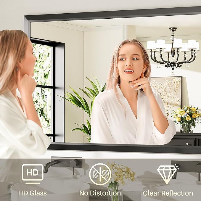 55.1x30.1 Inch Black Bathroom Mirror for Wall, Thick Metal Framed Rectangle Mirrors for Over Sink, Bedroom, Living Room, Entryway, Anti-Rust, HD Tempered Glass