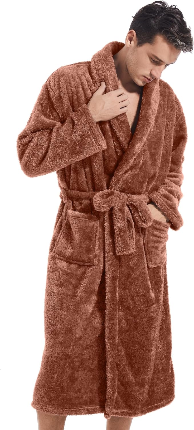 Inner Wish Mens Plush Fleece Robe, Cozy Warm Bathrobe Fuzzy Male Spa Long Robe With Pockets (DARK GREY)