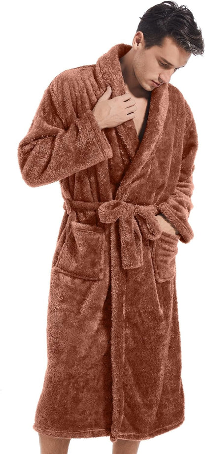 Inner Wish Mens Plush Fleece Robe, Cozy Warm Bathrobe Fuzzy Male Spa Long Robe With Pockets (DARK GREY)