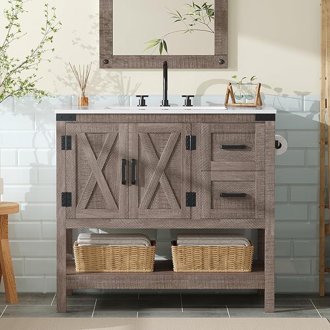 AMERLIFE 36" Farmhouse Bathroom Vanity with Sink Combo, Wood Barn Door Freestanding Small Single Bath Storage Cabinet Set with Sliding Drawers & Open Shelf, Paper Towel Holder, Light Gray