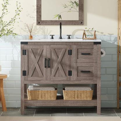 AMERLIFE 36" Farmhouse Bathroom Vanity with Sink Combo, Wood Barn Door Freestanding Small Single Bath Storage Cabinet Set with Sliding Drawers & Open Shelf, Paper Towel Holder, Light Gray
