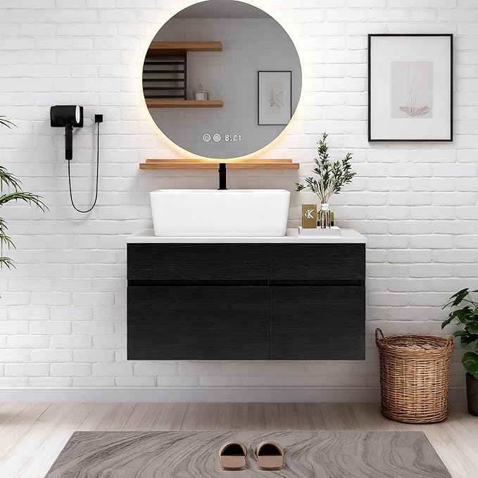 32" Modern Black Bathroom Vanity Sink Set Wall-Mounted Bathroom Vanities with Above Ceramic Sink 32 inch Floating Wood Bathroom Sink Cabinet with 1 Drawers and 2 Storage Cabinets