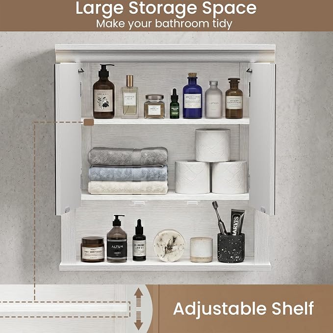 Bathroom Medicine Cabinet with Mirror and Lights, Wall Mount Bathroom Mirror with Storage, 3 Color Temps, Led Medicine Cabinet Mirror for Bathroom with 2 Doors, 9.3" Dx24.2 Wx25 H(White)