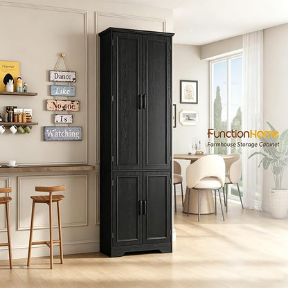Function Home 72" Kitchen Pantry Cabinet, Tall Wood Farmhouse Storage Cabinet with Doors and Adjustable Shelves, 6 Tier Freestanding Cupboard for Kitchen Dining Room Living Room Bathroom, Black