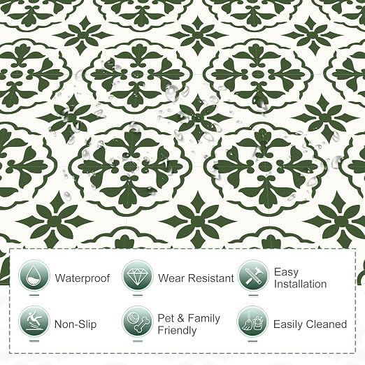 MORCART 20PCS 7.87" x 7.87" Peel and Stick Floor Tile, Green Retro Design | Self-Adhesive DIY Vinyl Flooring, Removable and Waterproof Tile Sticker for Bathroom, Kitchen, Wall, Bedroom, Stairs