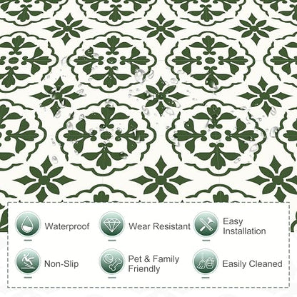MORCART 20PCS 7.87" x 7.87" Peel and Stick Floor Tile, Green Retro Design | Self-Adhesive DIY Vinyl Flooring, Removable and Waterproof Tile Sticker for Bathroom, Kitchen, Wall, Bedroom, Stairs