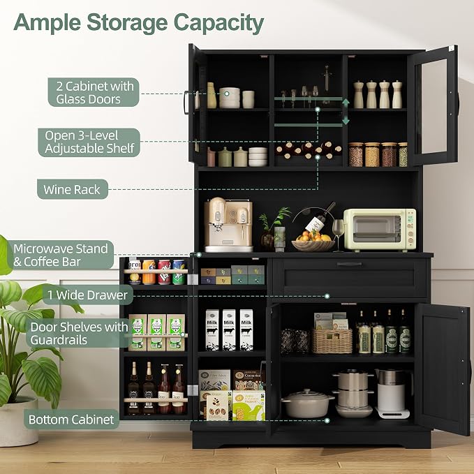 Shintenchi 68" Kitchen Pantry Storage Cabinet, with Microwave Stand, Black | Freestanding Buffet Cabinet, with 3 Door Shelves, Kitchen Hutch with Doors, Adjustable Shelves and Wine Rack