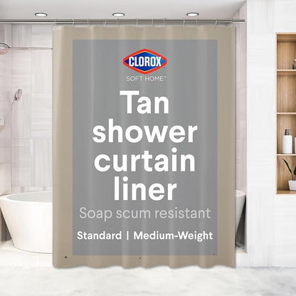Clorox Shower Curtain Liner, Premium Colored Medium-Weight Durable Waterproof 6g PEVA for Bathroom with Weighted Magnets, Standard Size 72" x 72", Tan