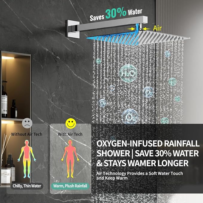 SR SUN RISE 12 Inch All Metal Square Shower System with Tub Spout, Tub Shower Faucet Set, High Pressure Rain Shower Head and Handheld Sprayer Shower Fixtues, Valve Included, Polished Chrome