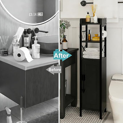 VECELO Small Bathroom Cabinet,Slim Toilet Paper Holder with Door&Metal Scroll, Upgraded Narrow Storage Organizer for Restroom Bathroom Tiny Space,Fenced Top Waterproof Coating,Black