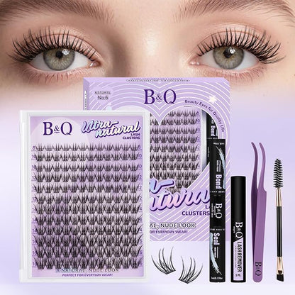 B&Q Wispy Lash Clusters Kit, Natural 06, Individual False Eyelashes Extension Set, Undetectable Natural Look for Effortless Day-to-Night Beauty, from Office Elegance to Date Night Glamour(8-16mix)
