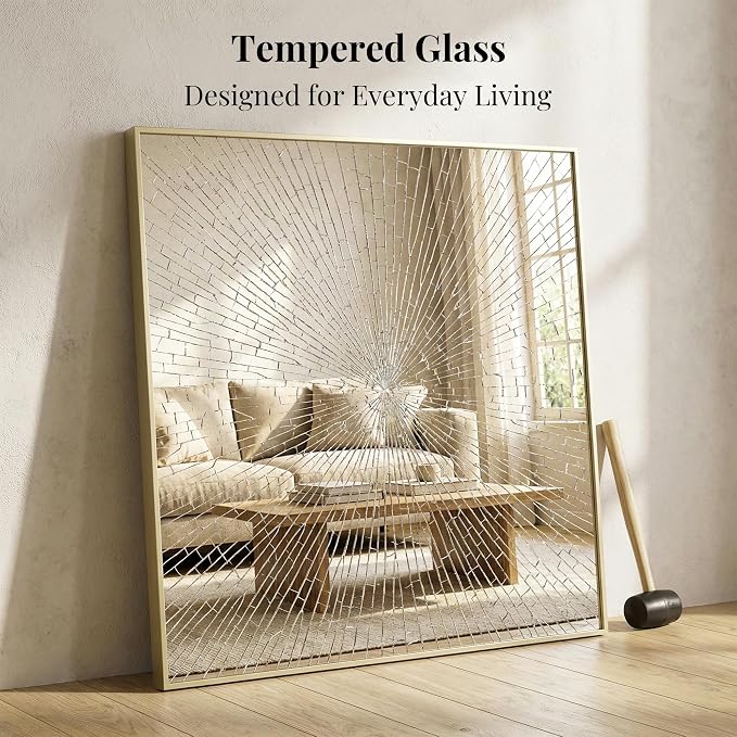 36"x36" Satin Gold Framed Square Bathroom Vanity Wall Mirror | Accent Wall Mirror, Square Geometric Look, Slim Metal Frame, Living Room or Entryway, Keyhole Mount, Tempered Glass