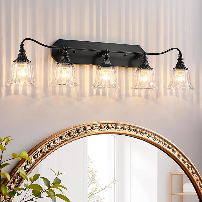 Bathroom Vanity Black Vintage Light Fixture, 5 Lights Bathroom Lighting Matte Antique Brass Finish with Crystal Glass Shade, Black Vintage Vanity Light