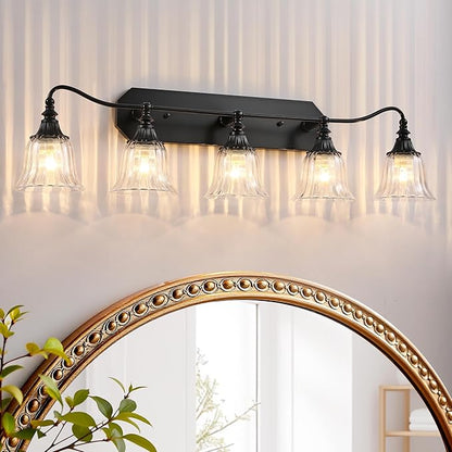 Bathroom Vanity Black Vintage Light Fixture, 5 Lights Bathroom Lighting Matte Antique Brass Finish with Crystal Glass Shade, Black Vintage Vanity Light