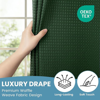 SORTTO No Hook Shower Curtain with Snap in Liner Set Waffle Shower Curtain for Bathroom Hotel Style Fabric Waterproof Inner Liner，71" W x 74" H, Dark Green