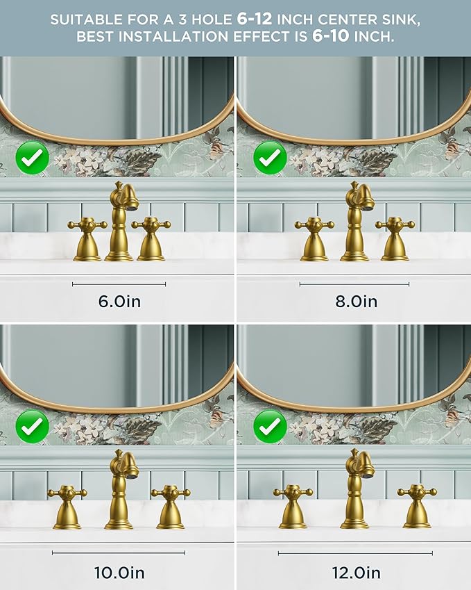 FORIOUS 3 Hole Vintage Bathroom Faucet Brushed Gold, 2 Handles 8 Inch Widespread Antique Brass Bathroom Sink Faucet for Vanity RV Farmhosue, with Metal Pop Up Drain and Supply Lines