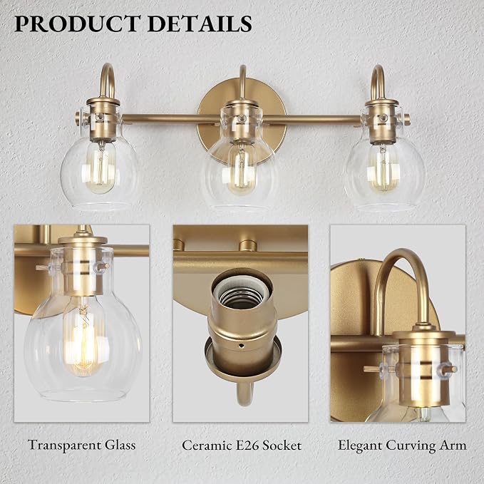 Gold Bathroom Light Fixtures, 22'' Modern Vanity Lights with Clear Glass Globes, 3-Light Bathroom Lighting Over Mirror