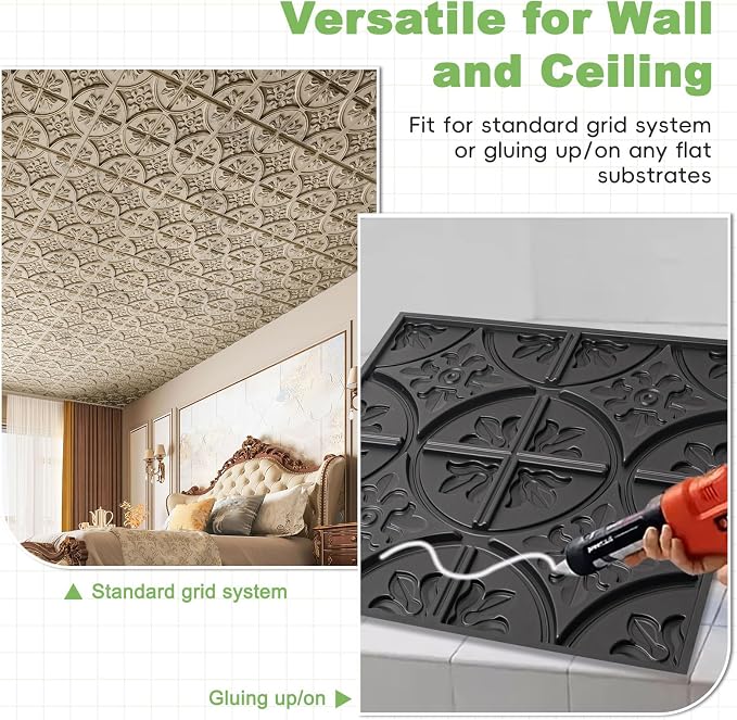Art3d Fancy Classic Style Drop Ceiling Tiles, 2 x 2 ft, Antique Gold | PVC, Lightweight, Waterproof, Easy to Wipe Clean, Compatible with Grid System, Suitable for Kitchen, Bathroom, Basement