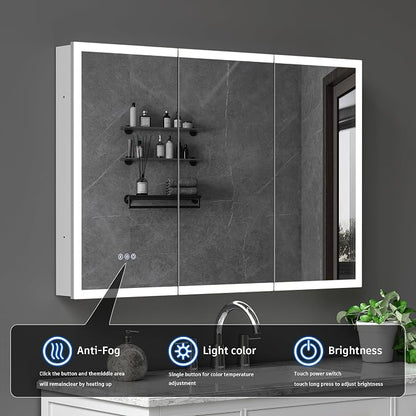 48"W x 32"H LED Medicine Cabinet with Mirror, 3-Door, Anti-Fog, Bathroom | 3-Color Stepless Dimming, 10-Level Brightness, Touch Control, Adjustable Shelves, DTC Soft-Close Hinges, for Vanity