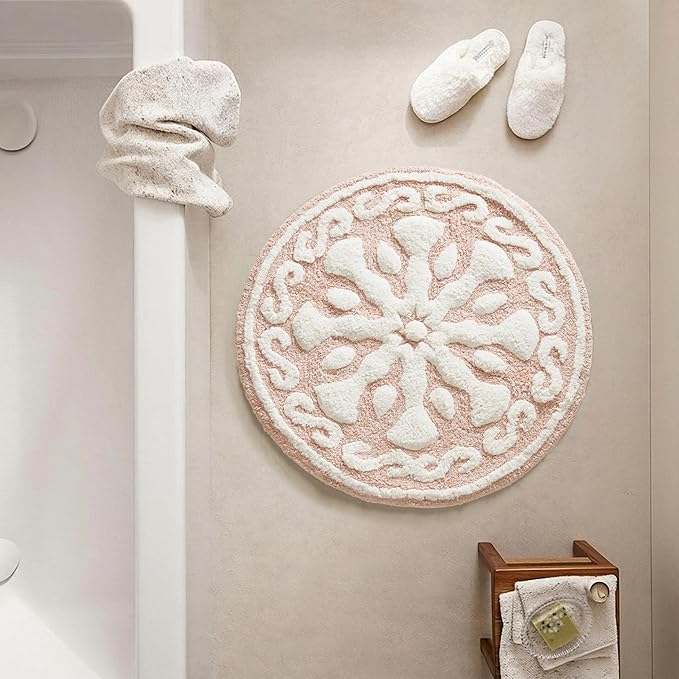Madison Park Casablanca 100% Cotton Tufted Bathroom Rugs Luxurious Plush Medallion Floral Pattern Bath Mat Absorbent, Quick Dry, Spa Design Shower Room Décor, Round 25", Pink