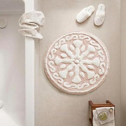 Madison Park Casablanca 100% Cotton Tufted Bathroom Rugs Luxurious Plush Medallion Floral Pattern Bath Mat Absorbent, Quick Dry, Spa Design Shower Room Décor, Round 25", Pink