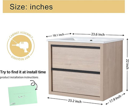 Malwee 24" Floating Bathroom Vanity with Sink, 24 Inch Single Sink Wall Mounted Bathroom Vanity Combo, with 2 Drawers and White Ceramic Basin Top, Bath Wall-Hung Cabinet Set with Storage.MA02524PLO