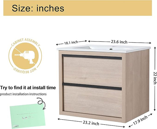 Malwee 24" Floating Bathroom Vanity with Sink, 24 Inch Single Sink Wall Mounted Bathroom Vanity Combo, with 2 Drawers and White Ceramic Basin Top, Bath Wall-Hung Cabinet Set with Storage.MA02524PLO