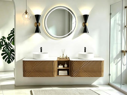 72" Floating Bathroom Vanity with Double Sink, Mid-Century Wall Mounted Bathroom Vanity Cabinet with Wood Waved Decor, Ceramic Vessel Basin, Sintered Stone Top, Soft Close Drawer, Side Open Cube