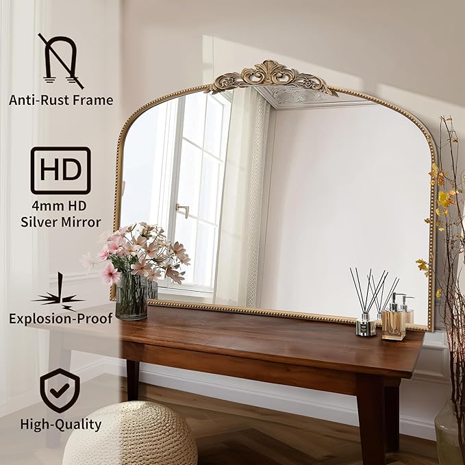 Micasso Large Vintage Gold Mirror: 48"x33" Baroque Antique Wall Mirror | Traditional Ornate French Decorative Arched Mirror for Bedroom/Bathroom/Fireplace/Entryway/Hallway/Living Room/Dining Room