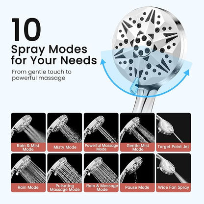 Filtered Shower Head with Handheld, 10 Modes High Pressure Detachable Showerhead with Filters, Showerheads Filter for Hard Water, Anti-Clog Silicone Nozzles, Removes Chlorine & Heavy Metals