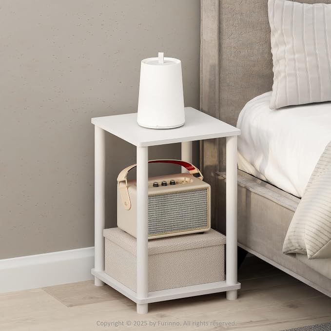 Furinno Turn-N-Tube Night Stand, 2-Tier Open Shelf Design Nightstand, Toolless Bedside Table, End Table, Side Table, for Bedroom, Closet, Dorm, White
