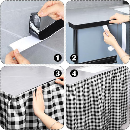 Fabric Sink Skirt Diamond Bathroom Stitch Self Stick Adhesive Waterproof Fabric Under Sink Curtain Skirt 55 x 32 Inch Adds Bathroom Storage(Black and White,Classic Style)