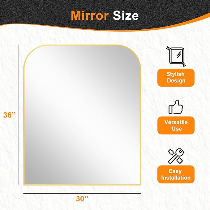 36"x30" Gold Metal Framed Bathroom Mirror for Over Sink | Rounded rectangle shape. Shatterproof HD glass, all mounting hardware for bathroom, bedroom, entryway.