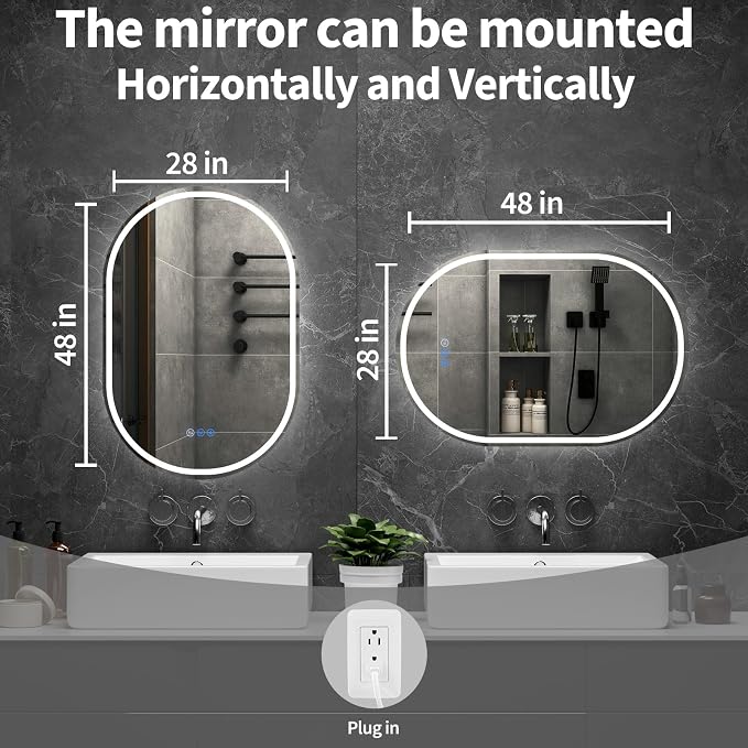 Oval LED Bathroom Mirror, 28"x 48" Frameless Lighted Mirror | LED Mirror with Front Light & Backlit, Anti-Fog, Dimmable Wall Mounted Lighted Mirror, Pill-Shaped Smart Bathroom Mirror