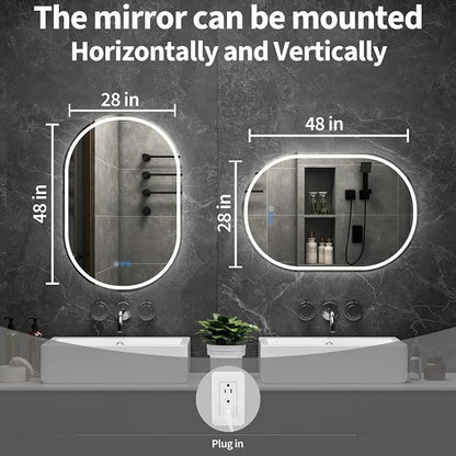 Oval LED Bathroom Mirror, 28"x 48" Frameless Lighted Mirror | LED Mirror with Front Light & Backlit, Anti-Fog, Dimmable Wall Mounted Lighted Mirror, Pill-Shaped Smart Bathroom Mirror