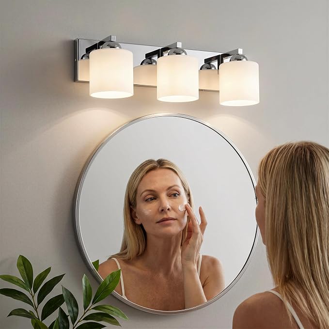 mirrea 3-Light Chromed Bathroom Vanity Light with White Glass Shades | Over Mirror,Wall Sconce,ETL listed,Bathroom Lighting Fixtures,Elegant Design,Milk White Glass Shade,Easy Installation