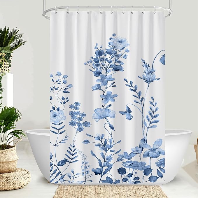AWERT Small Half Size Stall Shower Curtain with Hooks Shower Stall Curtain 48 x 72 Light Blue Floral 48 inch for Bathroom/RV and Camper