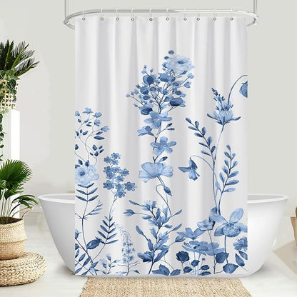 AWERT Small Half Size Stall Shower Curtain with Hooks Shower Stall Curtain 48 x 72 Light Blue Floral 48 inch for Bathroom/RV and Camper