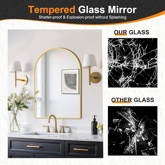 Arched Bathroom Mirror, Gold, 20"x30" | Wall Mounted, Vanity Mirror, For Bedroom, Living Room and Entryway