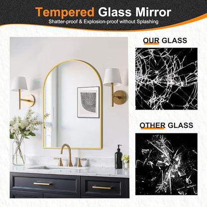 Arched Bathroom Mirror, Gold, 20"x30" | Wall Mounted, Vanity Mirror, For Bedroom, Living Room and Entryway