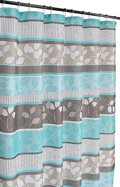 Serafina Home Hotel Quality Fabric Bathroom Shower Curtain: Striped Floral - Teal, Blue, Brown, Beige and White (72 x 70 inches)
